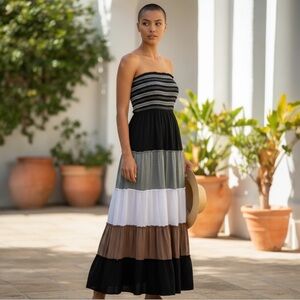 Spense Black Gray White Brown Tiered Maxi Dress with Removable Straps